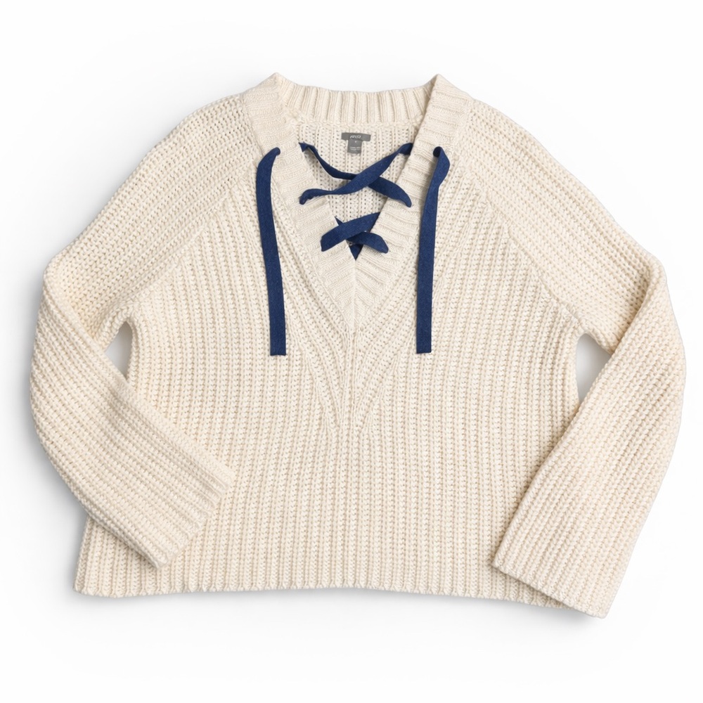 Aerie Lace Up Chunky Knit Sweater Cream Navy Tie Size Medium Bell Sleeves